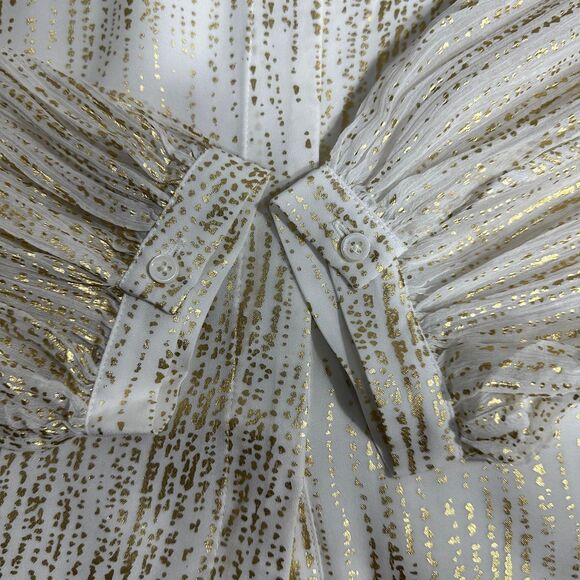 NWT 7 For All Mankind Silk Blend Tie Neck Blouse White Gold Button Down Sz Large - Picture 7 of 13